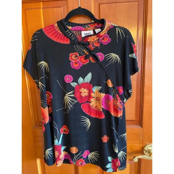 Chico's Travelers Mandarin Wrap Top Floral Asian Print Size 3 (XL) - Picture 2 of 12
